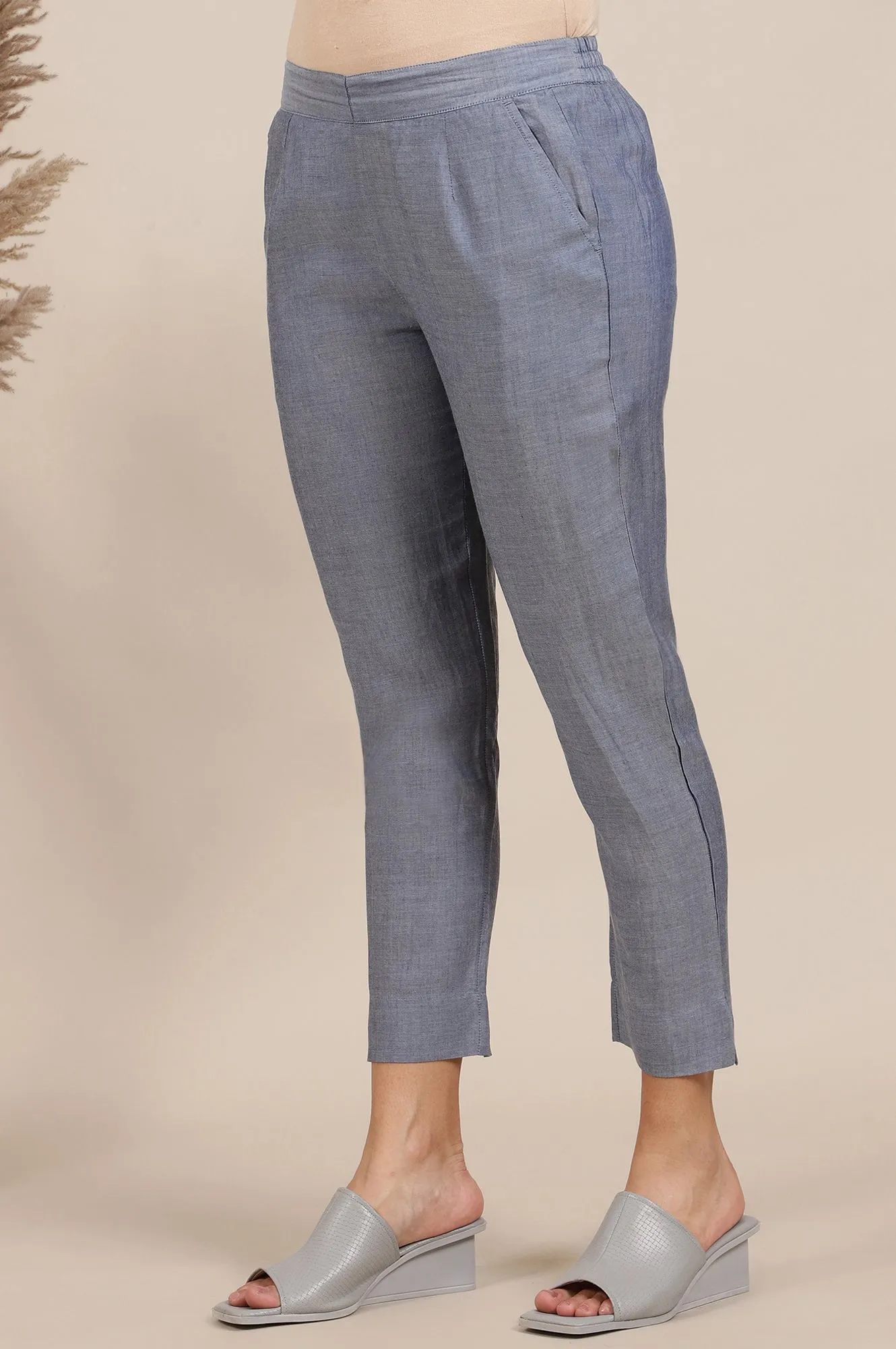 Blue Solid Rayon Trousers