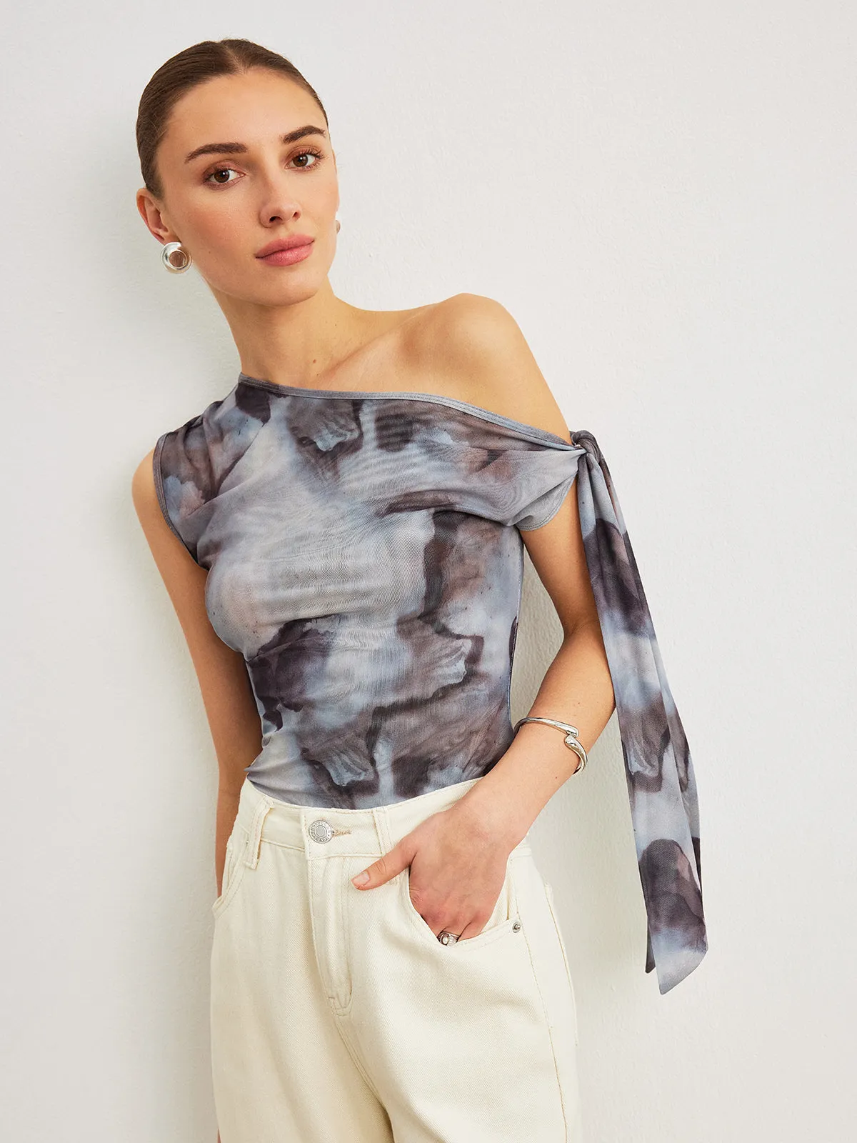 Boho Print  Asymmetrical Neck Mesh Draped Blouse