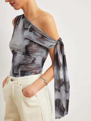 Boho Print  Asymmetrical Neck Mesh Draped Blouse