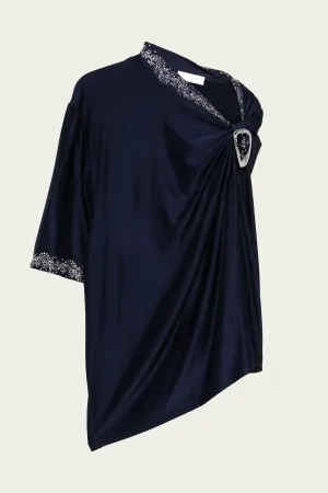 Buckle-Detail Draped Top in Deep Navy