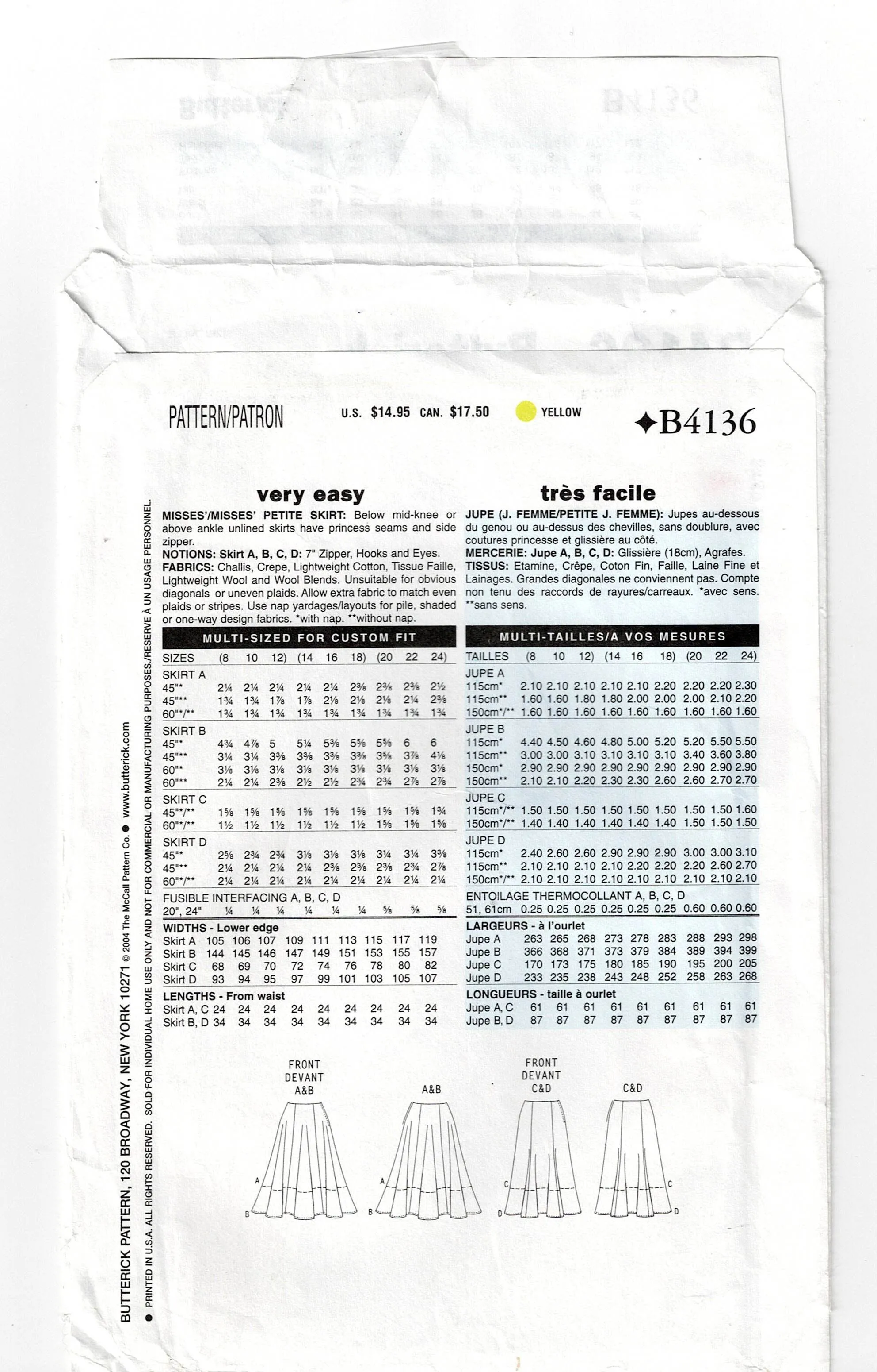 Butterick 4136 Womens EASY 6 Gore Skirts Out Of Print Sewing Pattern Size 8 - 12 UNCUT Factory Folded
