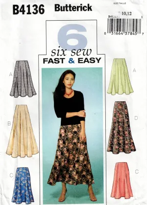 Butterick 4136 Womens EASY 6 Gore Skirts Out Of Print Sewing Pattern Size 8 - 12 UNCUT Factory Folded