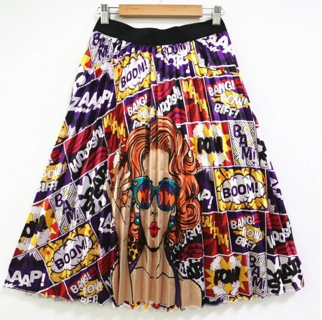 Cartoon Pleated Skirts  High Waisted Elastic Midi-Calf Long Skirt