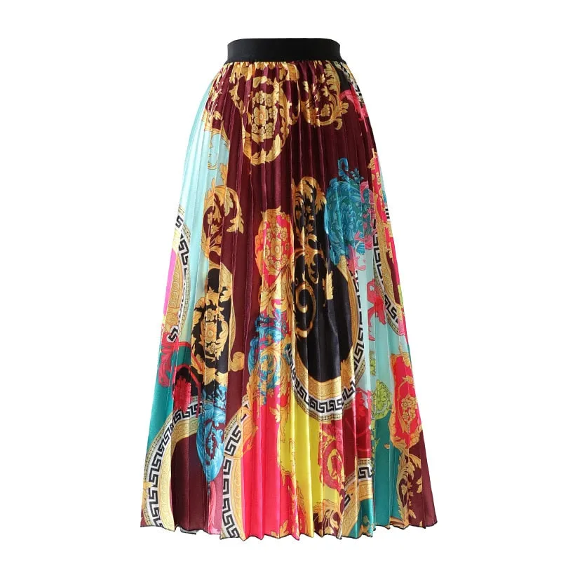 Cartoon Pleated Skirts  High Waisted Elastic Midi-Calf Long Skirt
