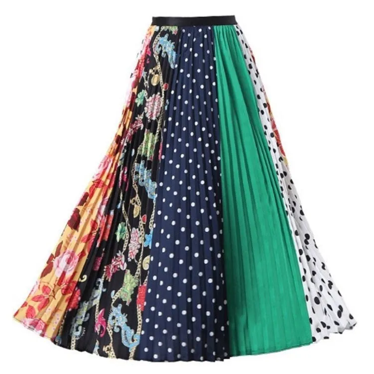 Cartoon Pleated Skirts  High Waisted Elastic Midi-Calf Long Skirt