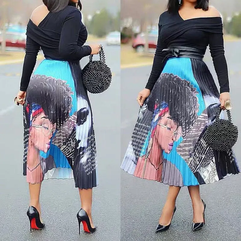 Cartoon Pleated Skirts  High Waisted Elastic Midi-Calf Long Skirt