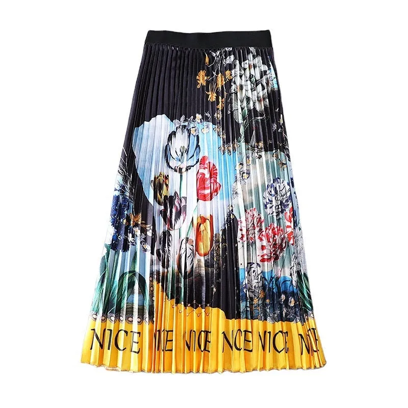 Cartoon Pleated Skirts  High Waisted Elastic Midi-Calf Long Skirt