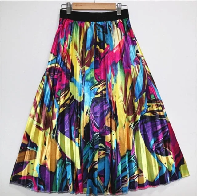 Cartoon Pleated Skirts  High Waisted Elastic Midi-Calf Long Skirt