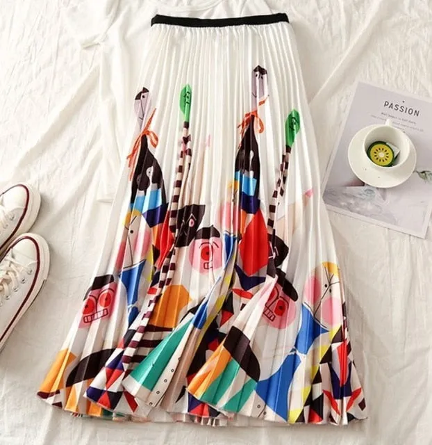 Cartoon Pleated Skirts  High Waisted Elastic Midi-Calf Long Skirt