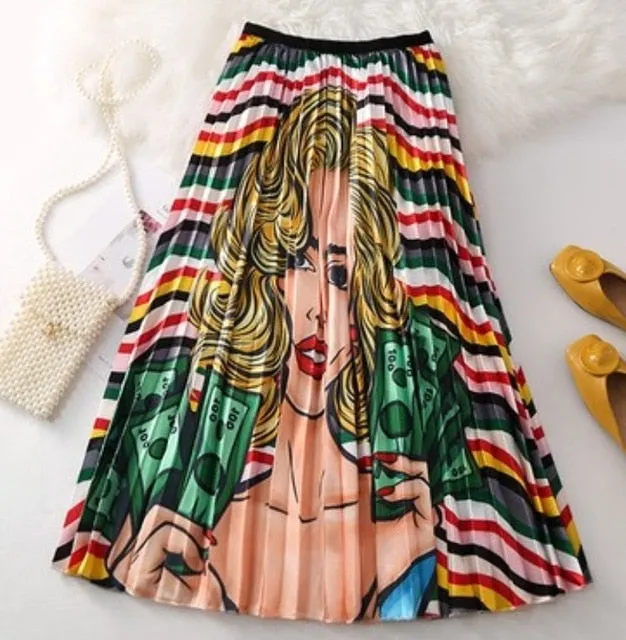 Cartoon Pleated Skirts  High Waisted Elastic Midi-Calf Long Skirt