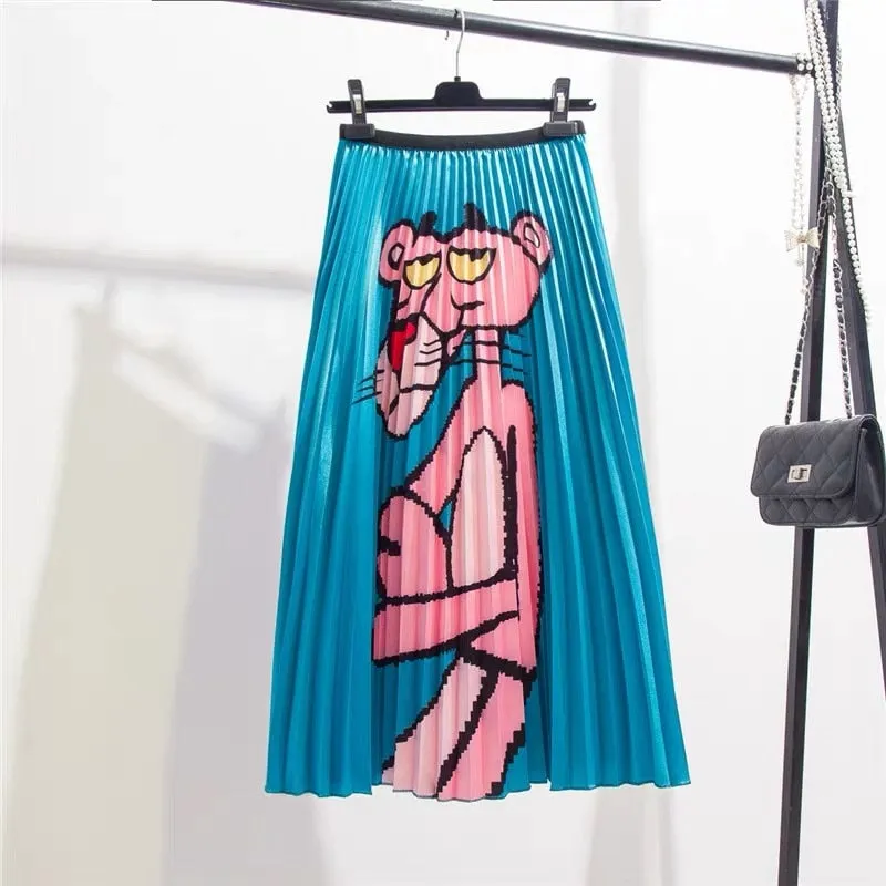 Cartoon Pleated Skirts  High Waisted Elastic Midi-Calf Long Skirt