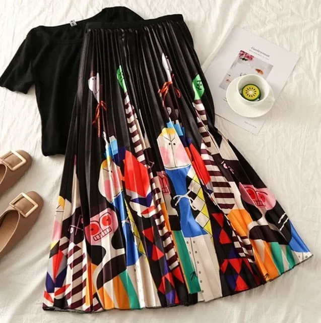Cartoon Pleated Skirts  High Waisted Elastic Midi-Calf Long Skirt