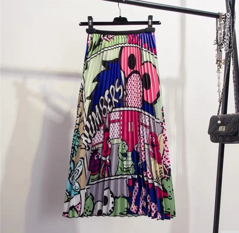 Cartoon Pleated Skirts  High Waisted Elastic Midi-Calf Long Skirt