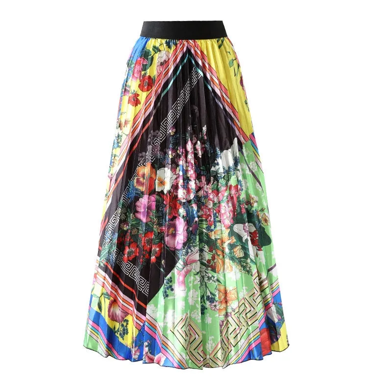 Cartoon Pleated Skirts  High Waisted Elastic Midi-Calf Long Skirt