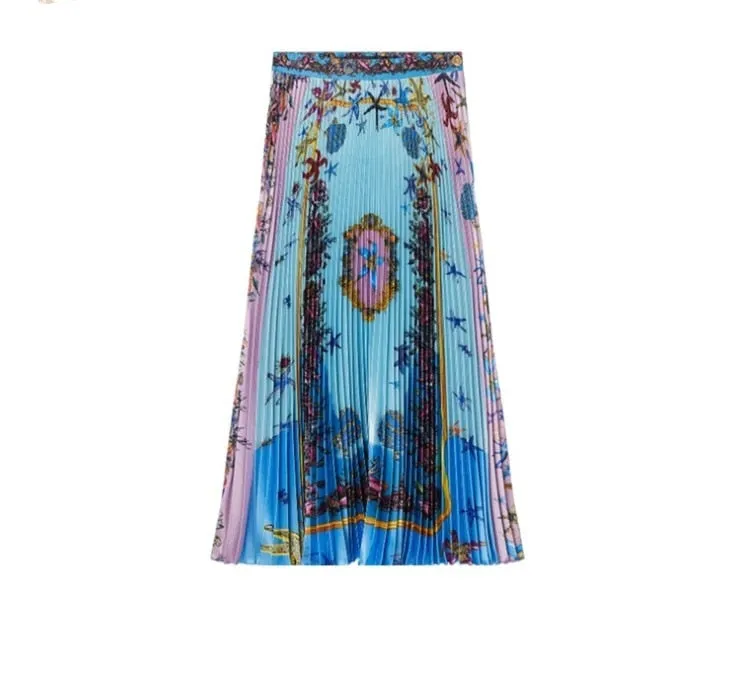 Cartoon Pleated Skirts  High Waisted Elastic Midi-Calf Long Skirt