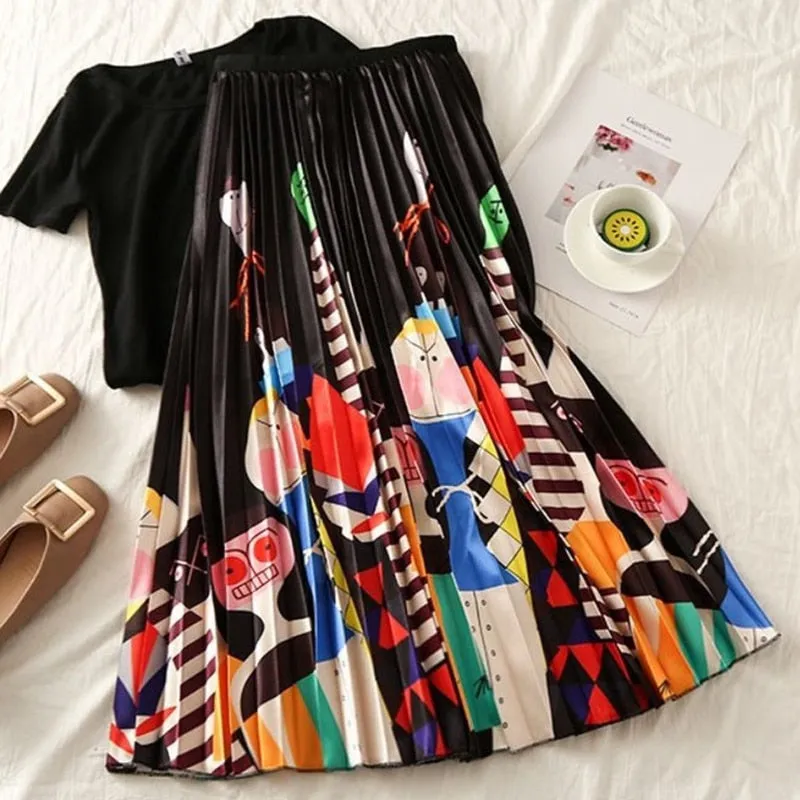 Cartoon Pleated Skirts  High Waisted Elastic Midi-Calf Long Skirt