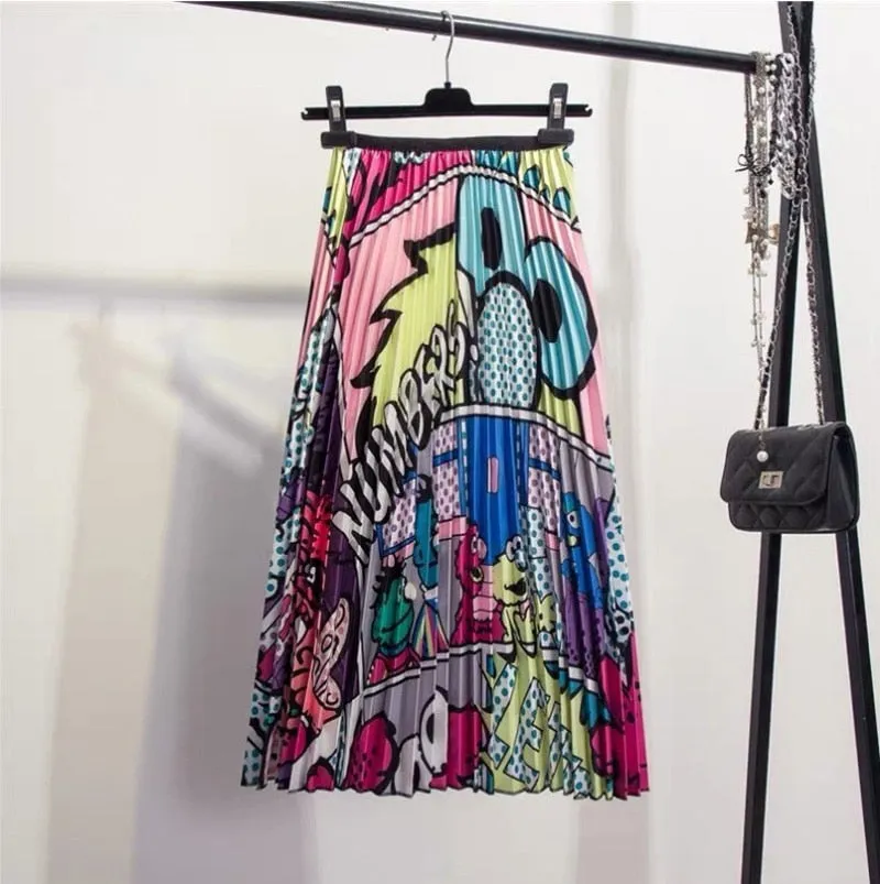 Cartoon Pleated Skirts  High Waisted Elastic Midi-Calf Long Skirt