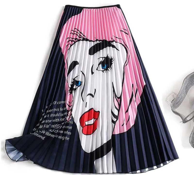 Cartoon Pleated Skirts  High Waisted Elastic Midi-Calf Long Skirt