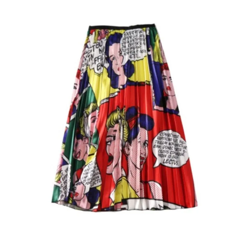 Cartoon Pleated Skirts  High Waisted Elastic Midi-Calf Long Skirt