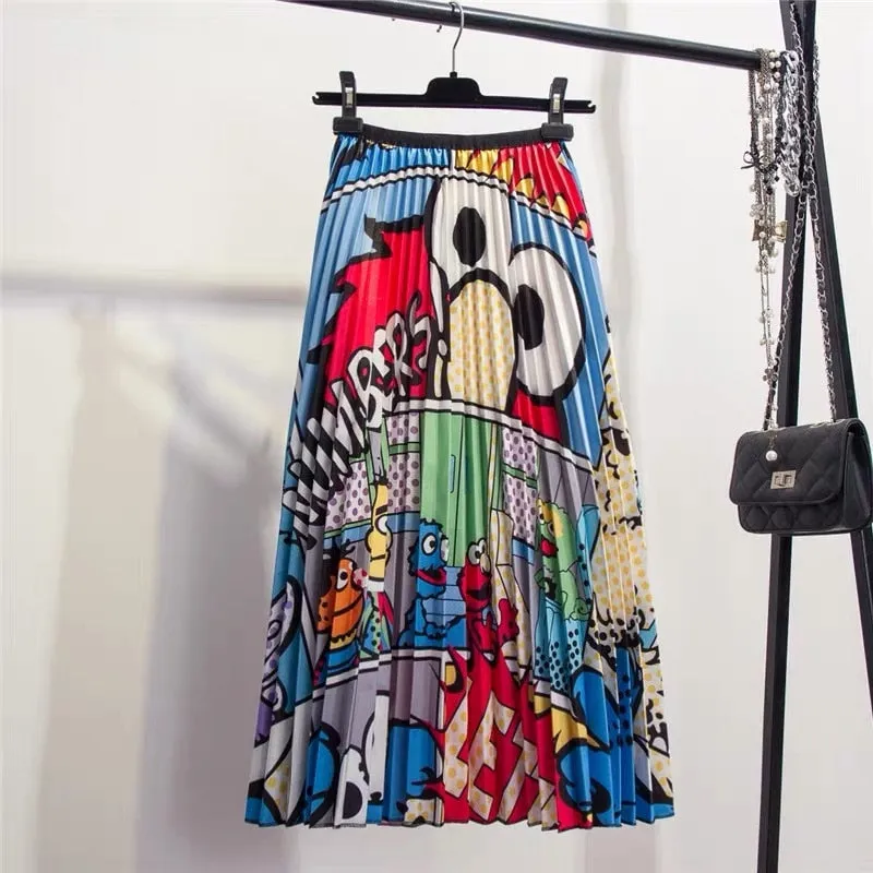 Cartoon Pleated Skirts  High Waisted Elastic Midi-Calf Long Skirt
