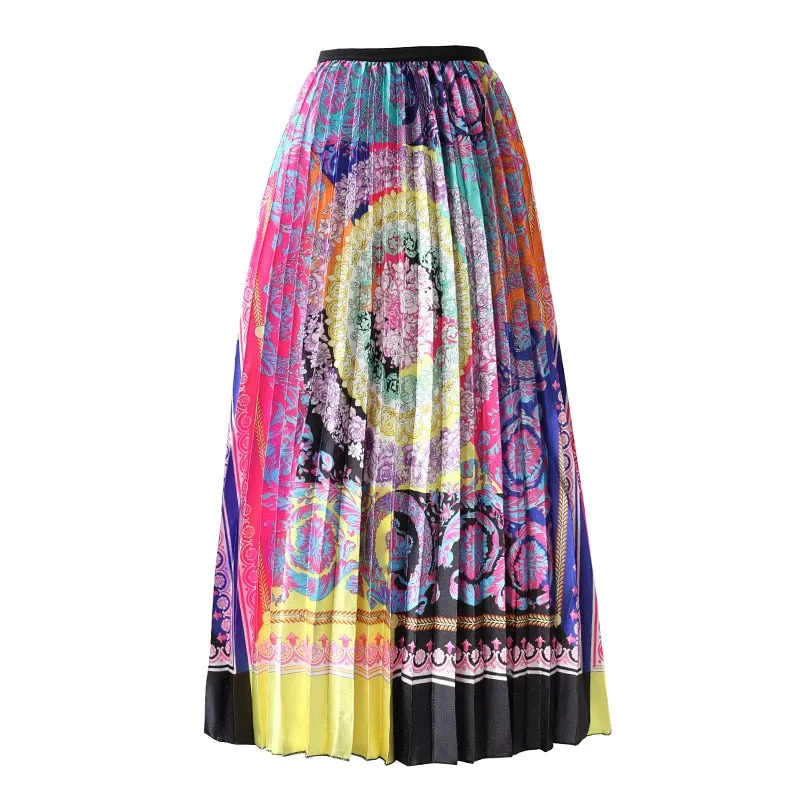 Cartoon Pleated Skirts  High Waisted Elastic Midi-Calf Long Skirt