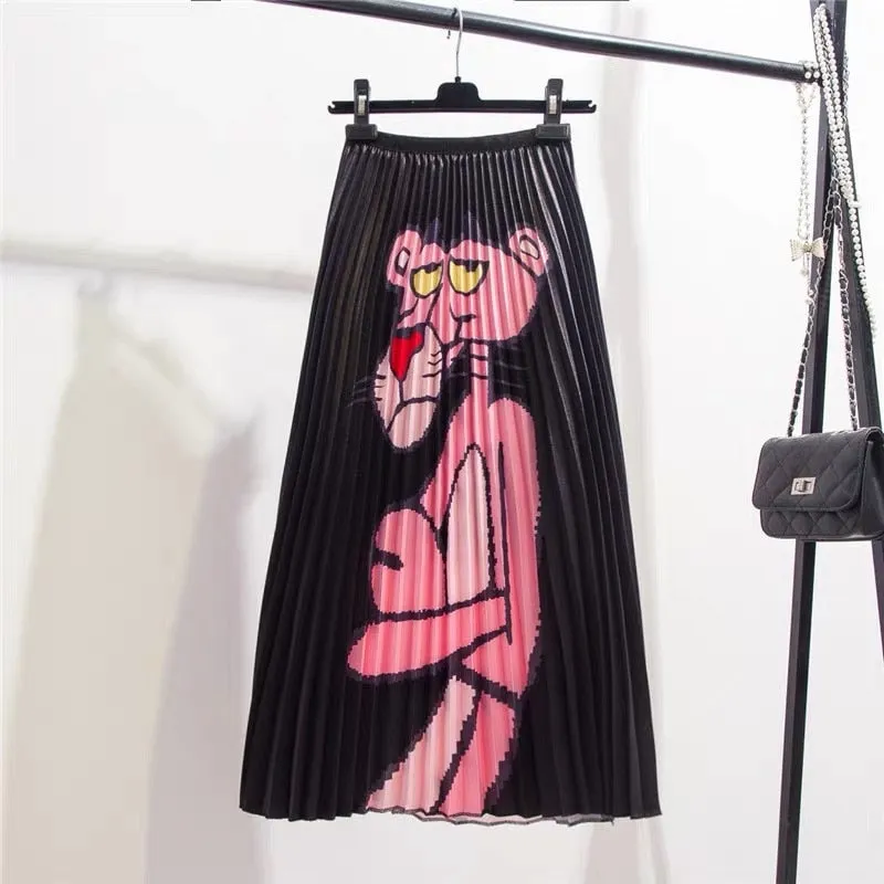 Cartoon Pleated Skirts  High Waisted Elastic Midi-Calf Long Skirt