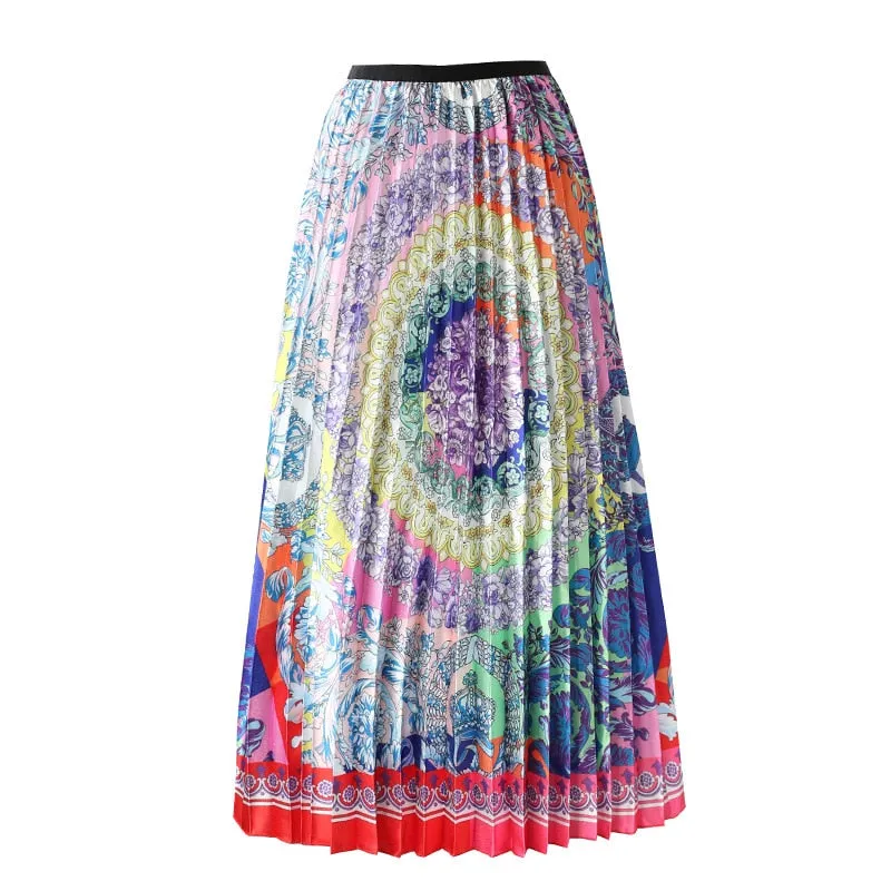 Cartoon Pleated Skirts  High Waisted Elastic Midi-Calf Long Skirt