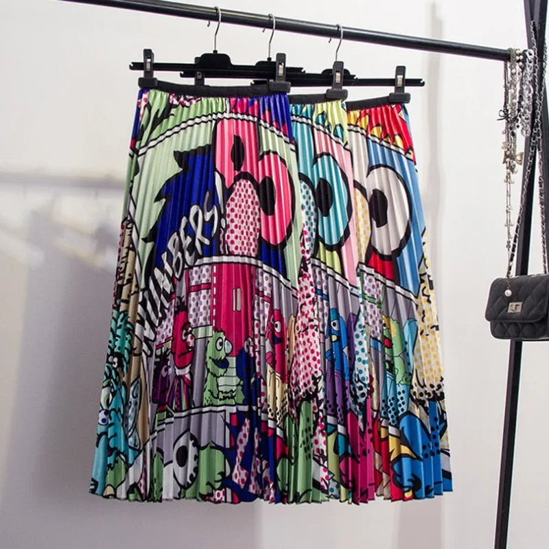Cartoon Pleated Skirts  High Waisted Elastic Midi-Calf Long Skirt