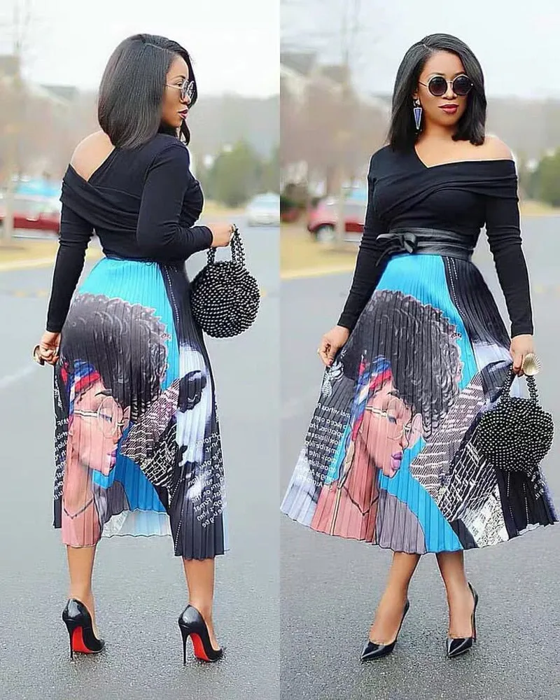 Cartoon Pleated Skirts  High Waisted Elastic Midi-Calf Long Skirt