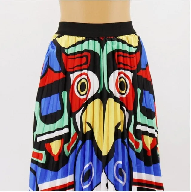 Cartoon Pleated Skirts  High Waisted Elastic Midi-Calf Long Skirt