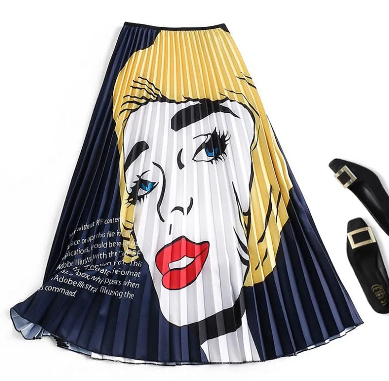 Cartoon Pleated Skirts  High Waisted Elastic Midi-Calf Long Skirt