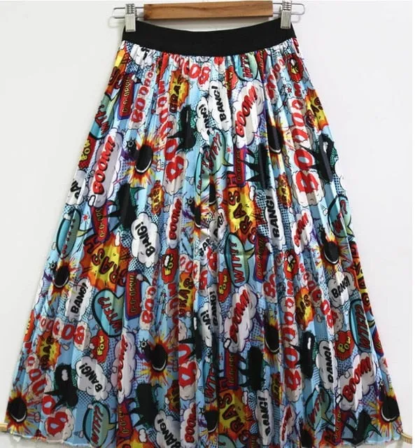 Cartoon Pleated Skirts  High Waisted Elastic Midi-Calf Long Skirt