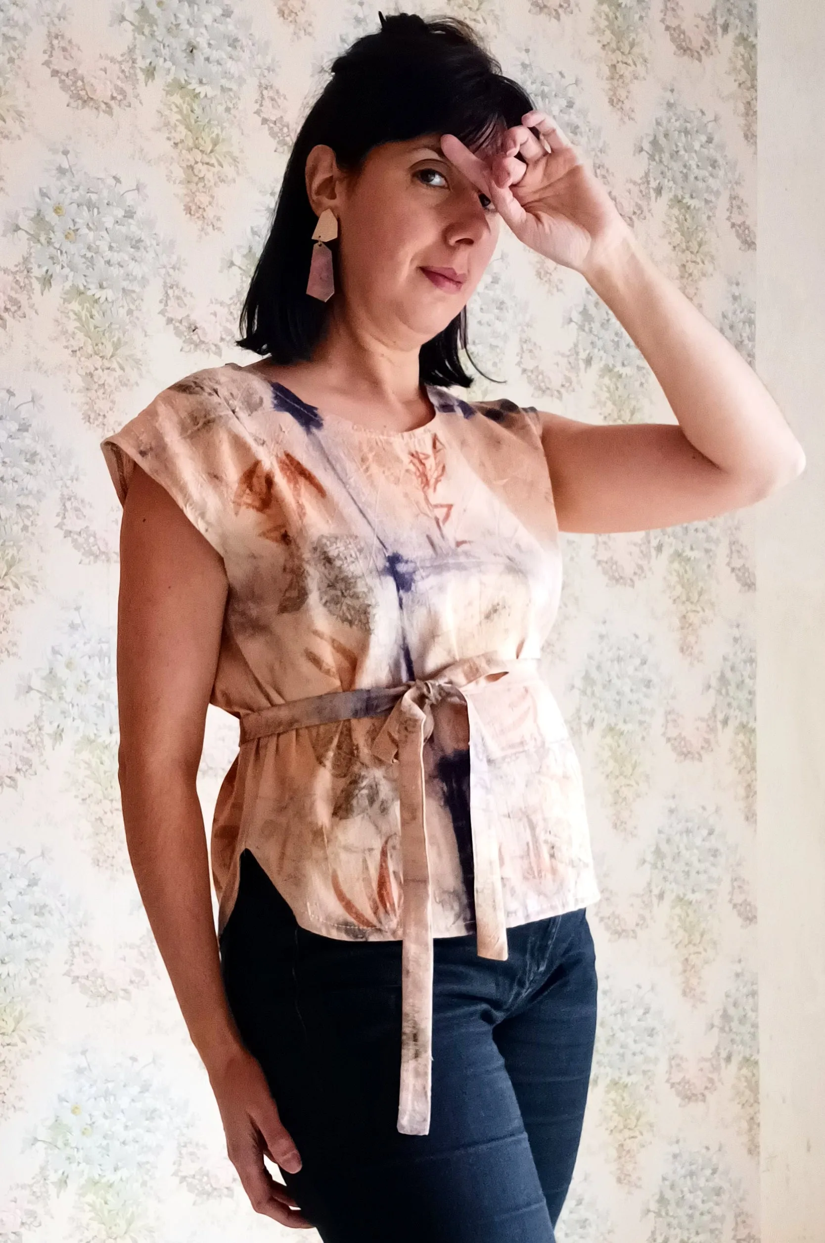 Champagne & Roses Botanical Print Raw Silk Blouse