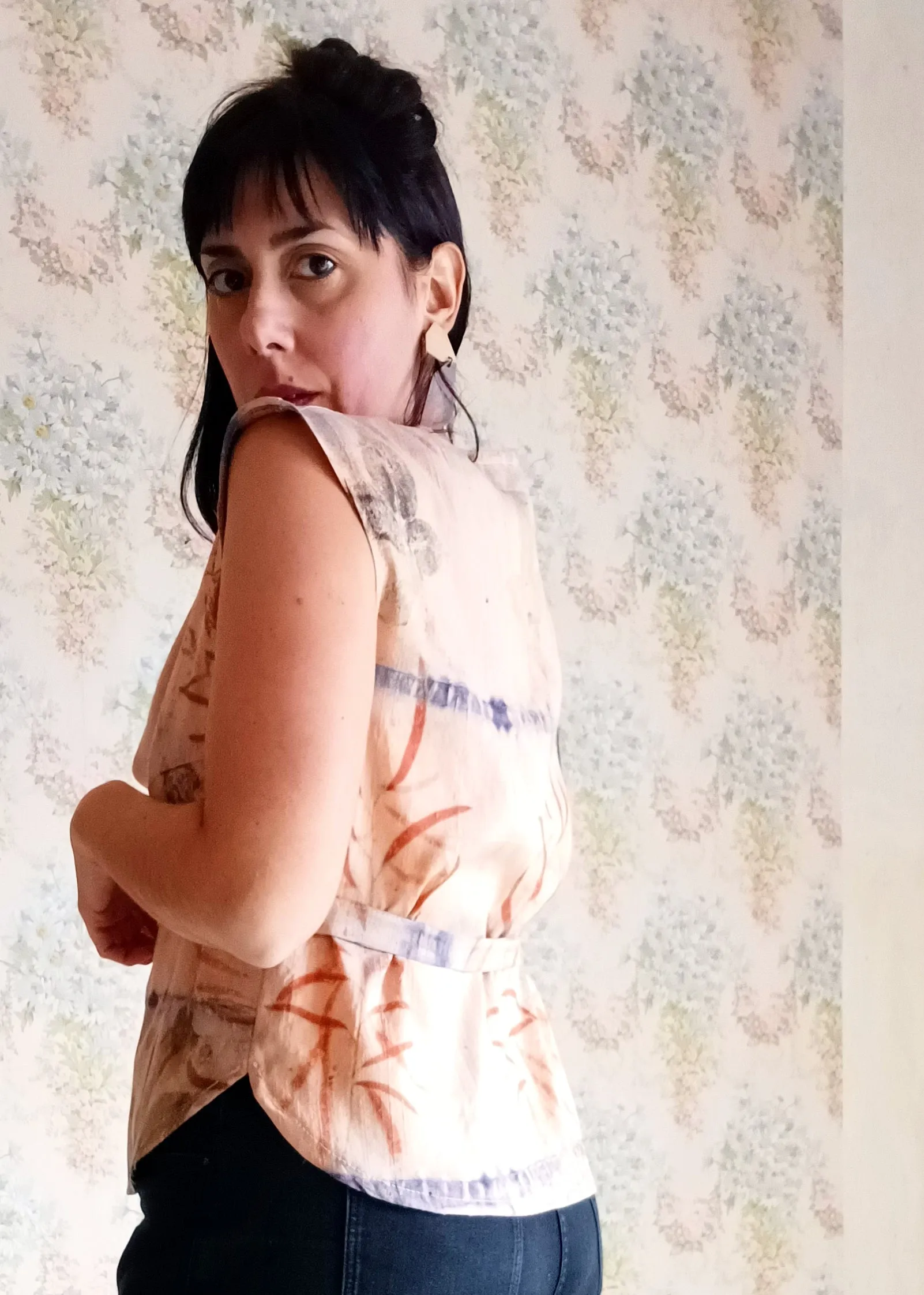 Champagne & Roses Botanical Print Raw Silk Blouse