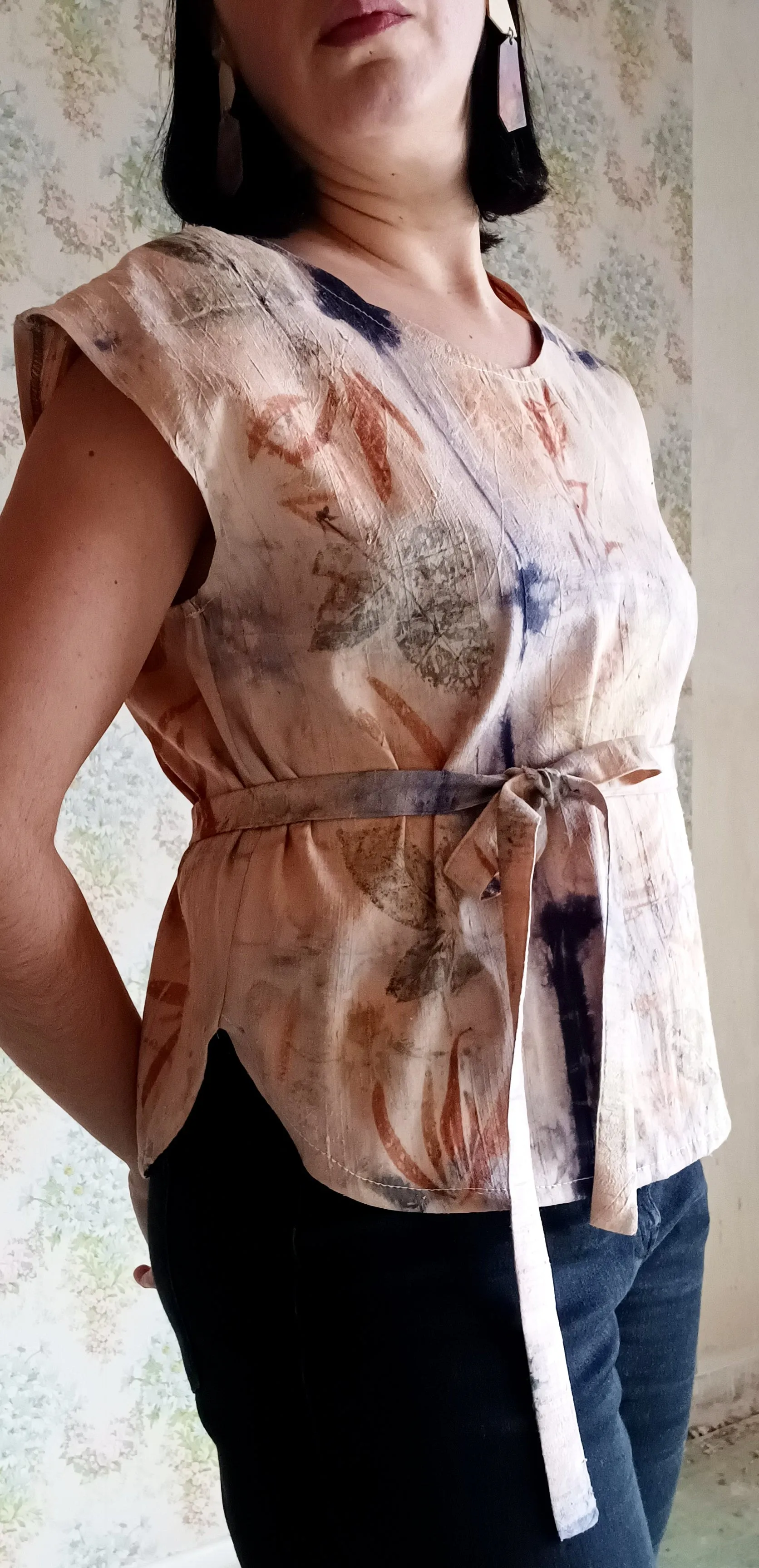 Champagne & Roses Botanical Print Raw Silk Blouse