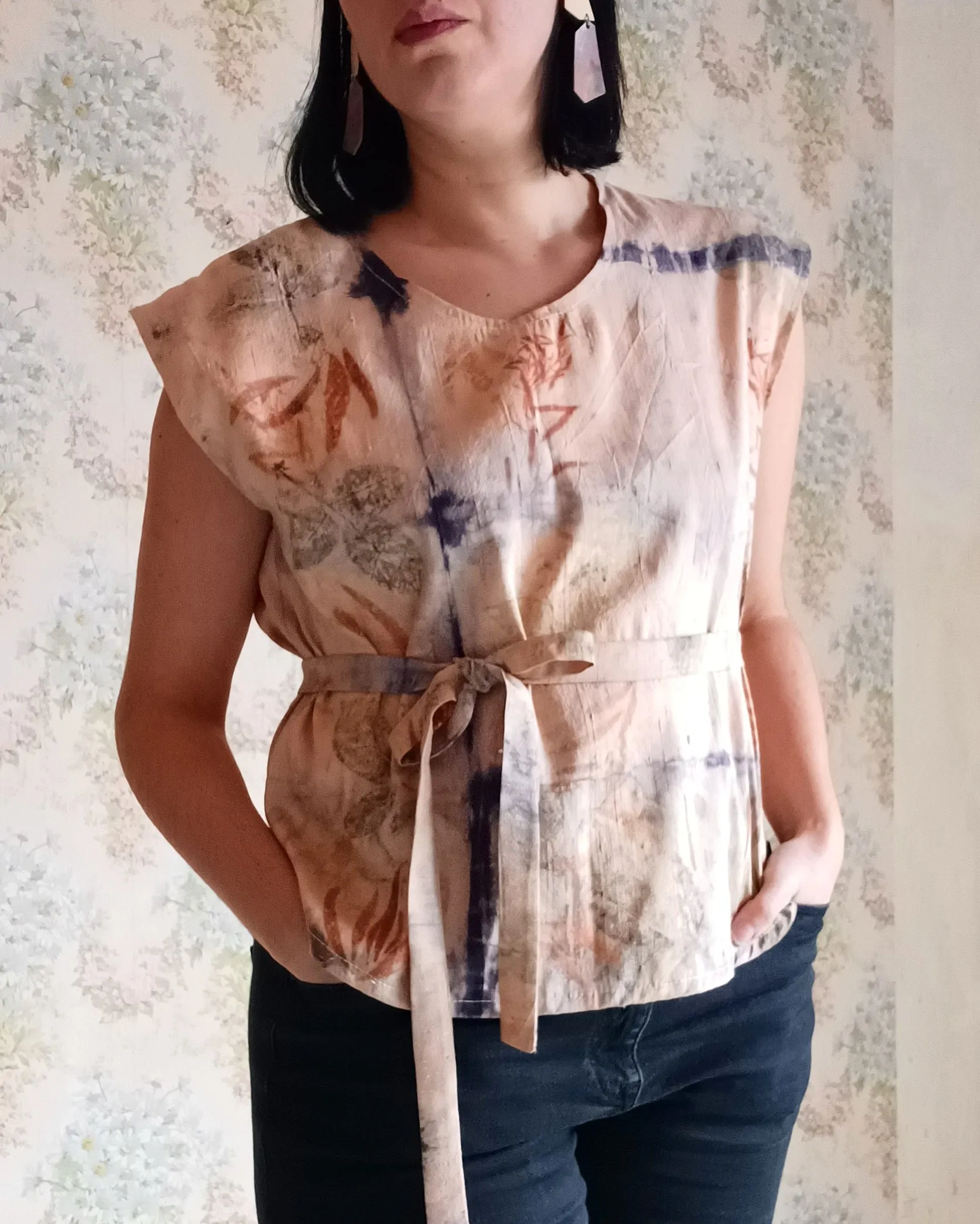 Champagne & Roses Botanical Print Raw Silk Blouse