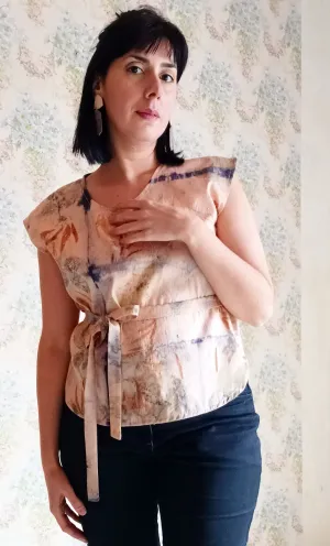Champagne & Roses Botanical Print Raw Silk Blouse