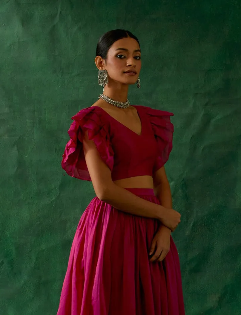 Chanderi Blouse with Ruffled Sleeves in Hot Pink