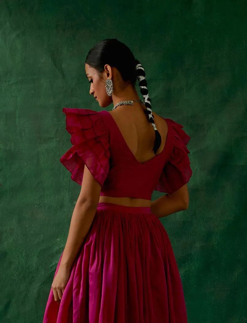 Chanderi Blouse with Ruffled Sleeves in Hot Pink
