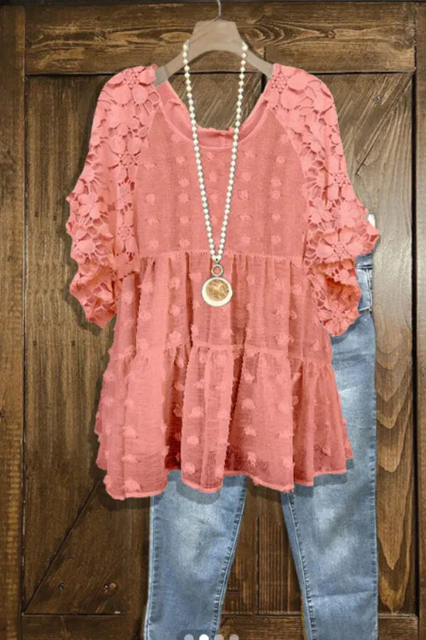 Chiffon blouse with ruffled sleeves and fashionable lace trim