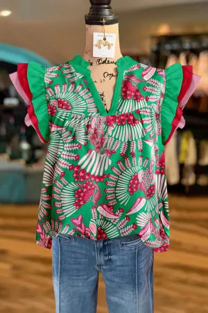 Classic Botanical Print V-Neck Fly Sleeve Blouse