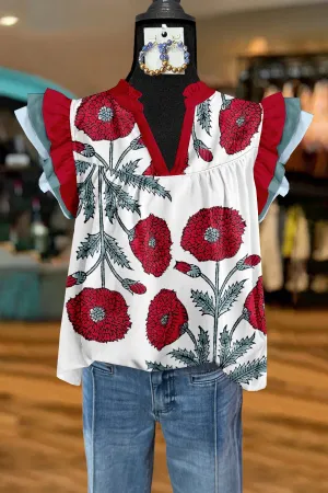 Classic Floral Print Flying Sleeves Pleated V-Neck Blouse