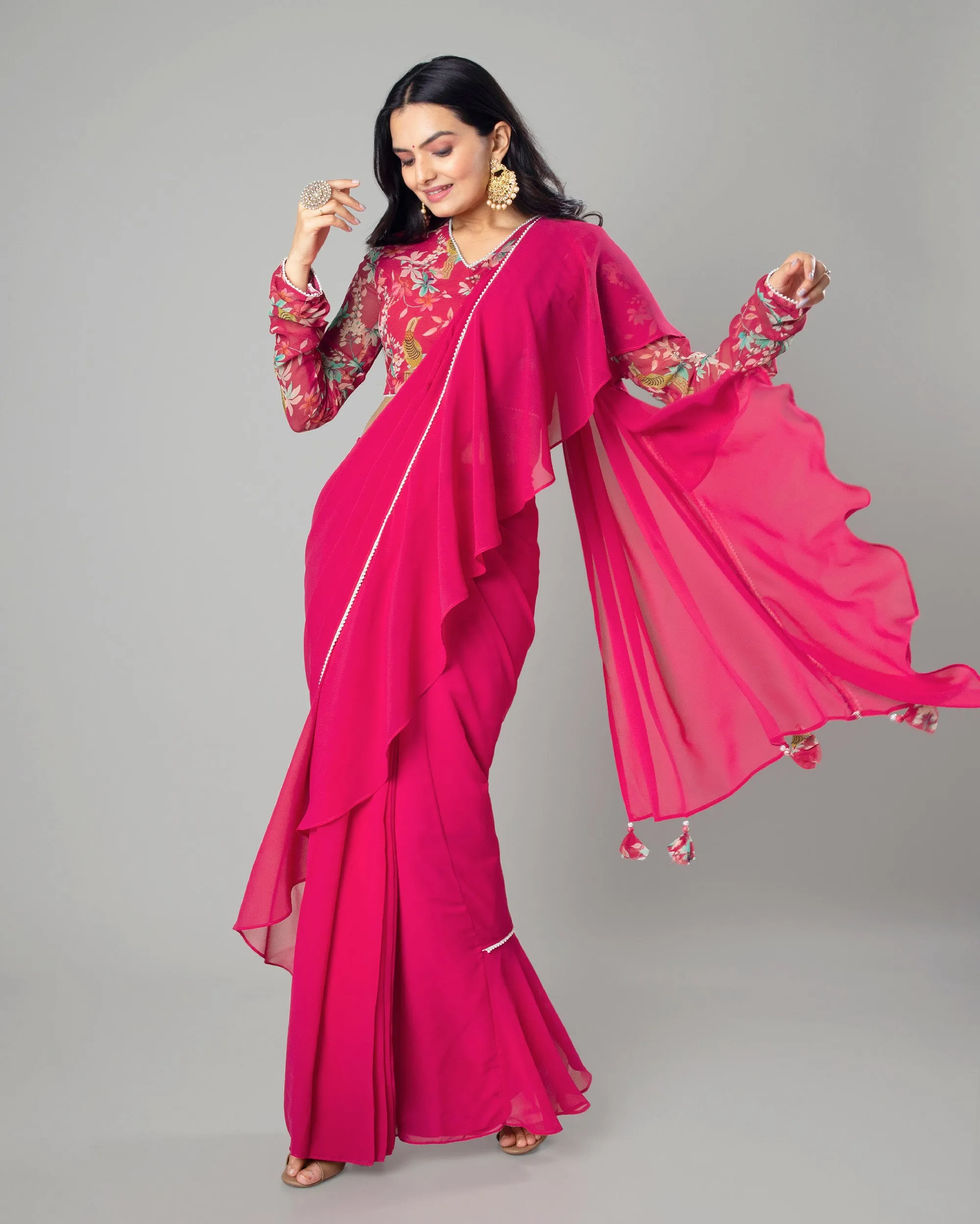 Classic Hot Pink Ruffled Designer Pre-Draped Saree