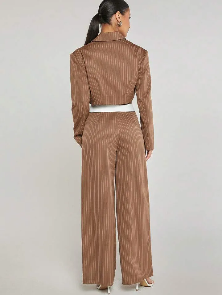CM-SS360700 Women Elegant Seoul Style Pinstripe Long Sleeve Jacket With Foldover Pants Suit