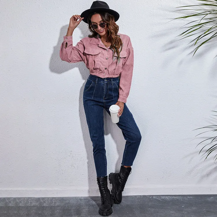 Cropped Fabric Jacket with Buttons and Breast Pockets