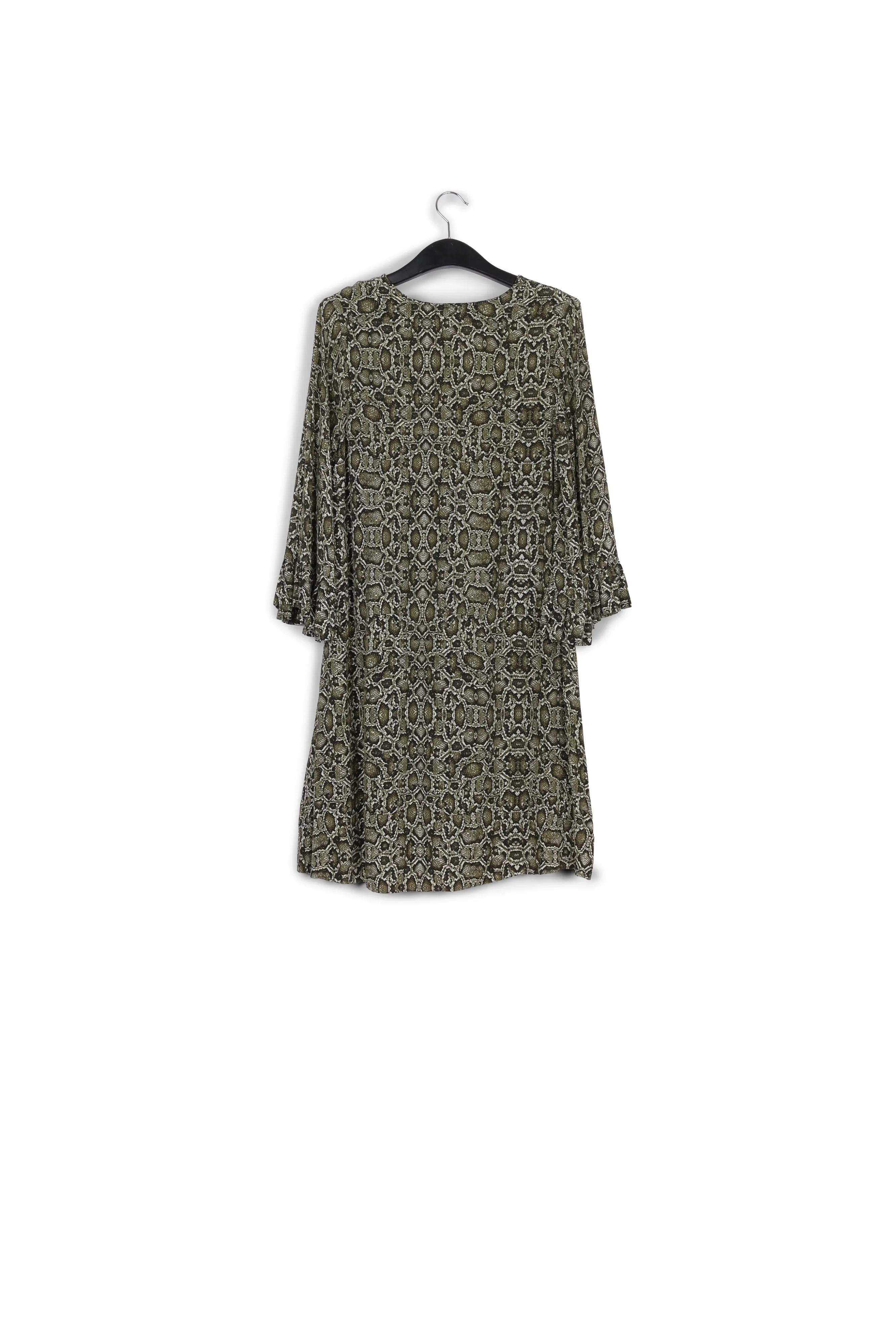 Dark blue and beige graphic printed top with ruffled sleeves