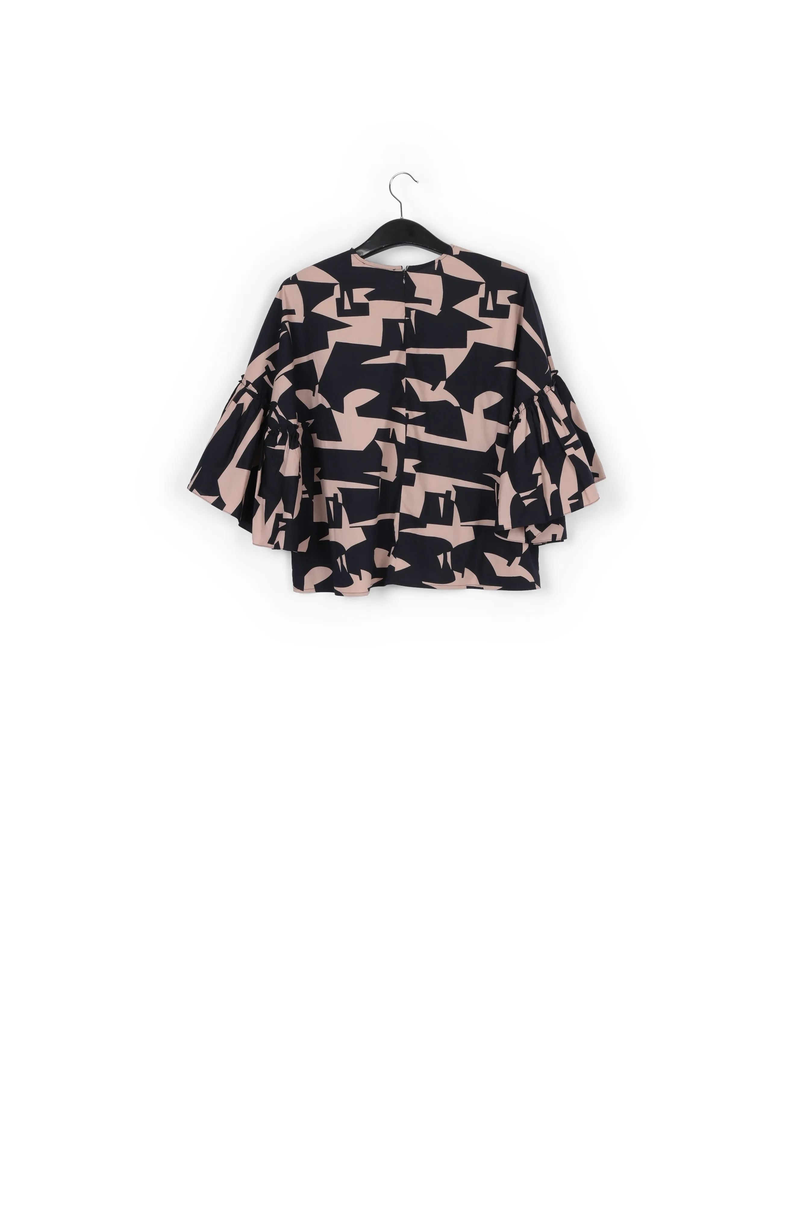 Dark blue and beige graphic printed top with ruffled sleeves
