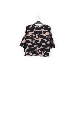 Dark blue and beige graphic printed top with ruffled sleeves