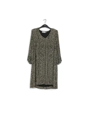 Dark blue and beige graphic printed top with ruffled sleeves