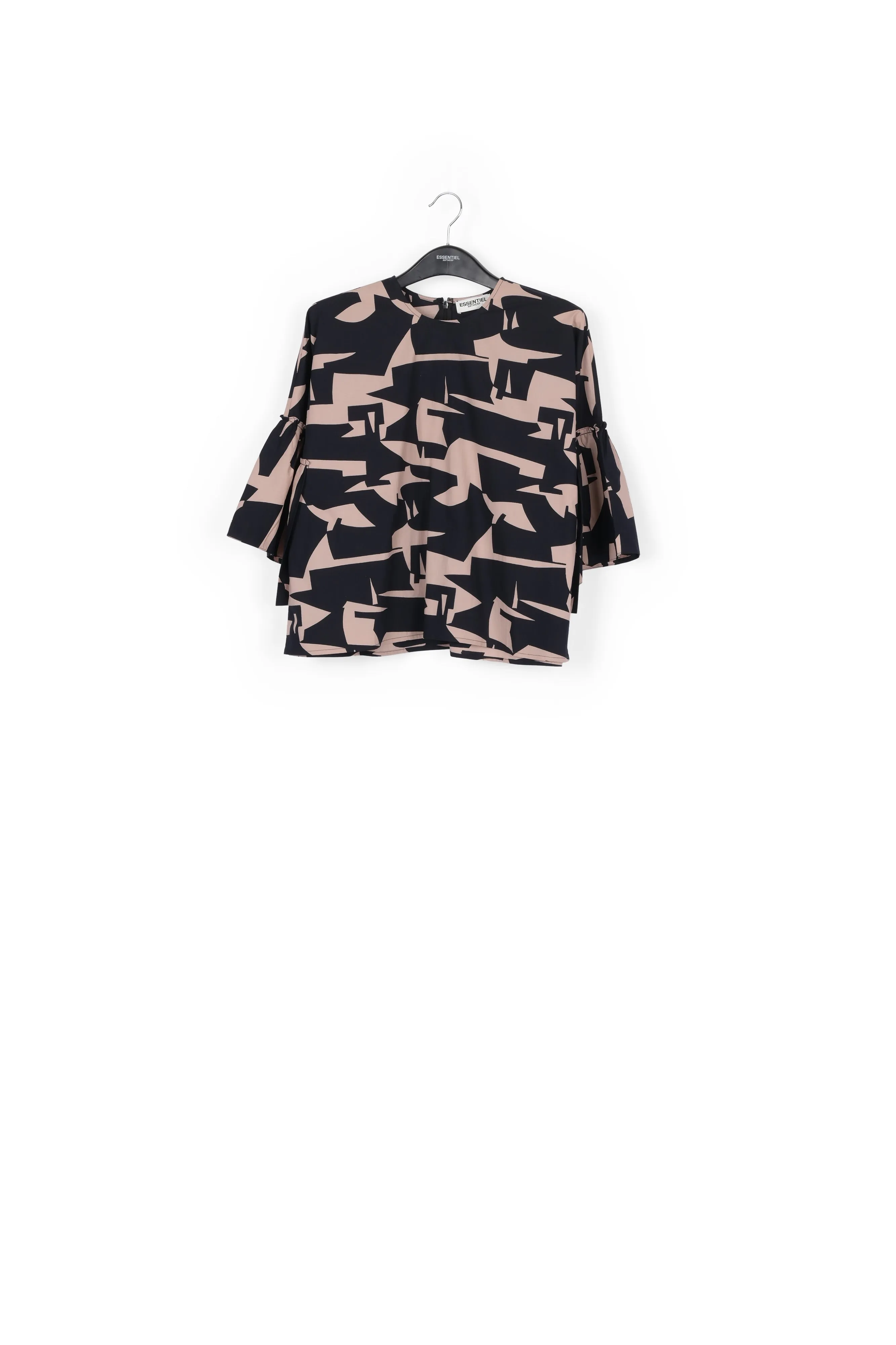 Dark blue and beige graphic printed top with ruffled sleeves